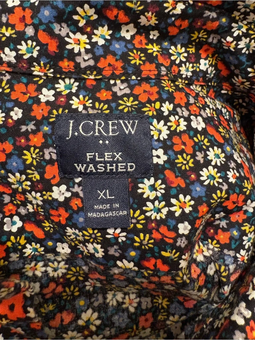 J. Crew Navy Floral Short Sleeve Button-Down Shirt with Red & White Accents